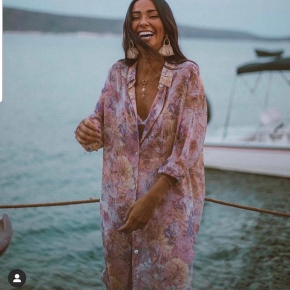 Zara Pink Floral Collared Long Sleeve Button-Down Semi-Sheer Midi Long Tunic Top